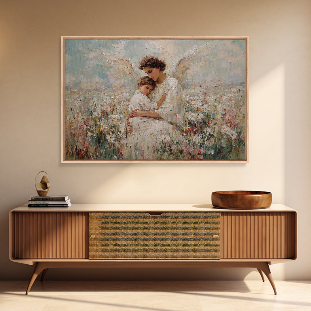 Pastel Guardian Angel Holding Child In Blooming Meadow Wall Art, Christian Nursery Decor, Motherhood Gift, Framed Art Print