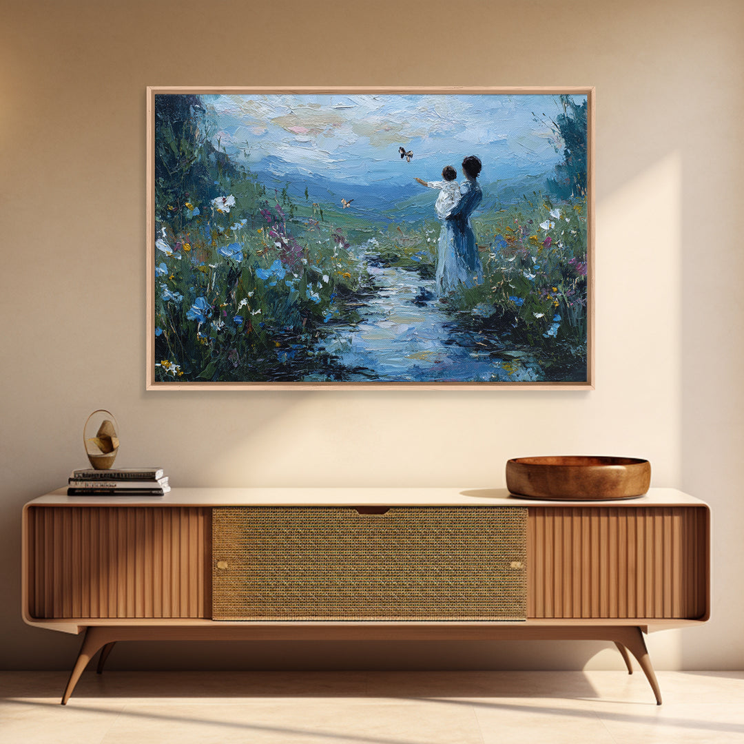 Mother And Child Watching Butterflies By Mountain Stream Canvas Print, Nature Wall Art, Christian Nursery Decor, Housewarming Gift