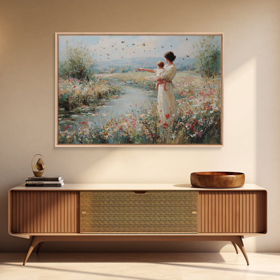 Mother And Baby Beside River Pointing At Butterflies Wall Art, Landscape Painting, Christian Nursery Decor, Gift For Mom