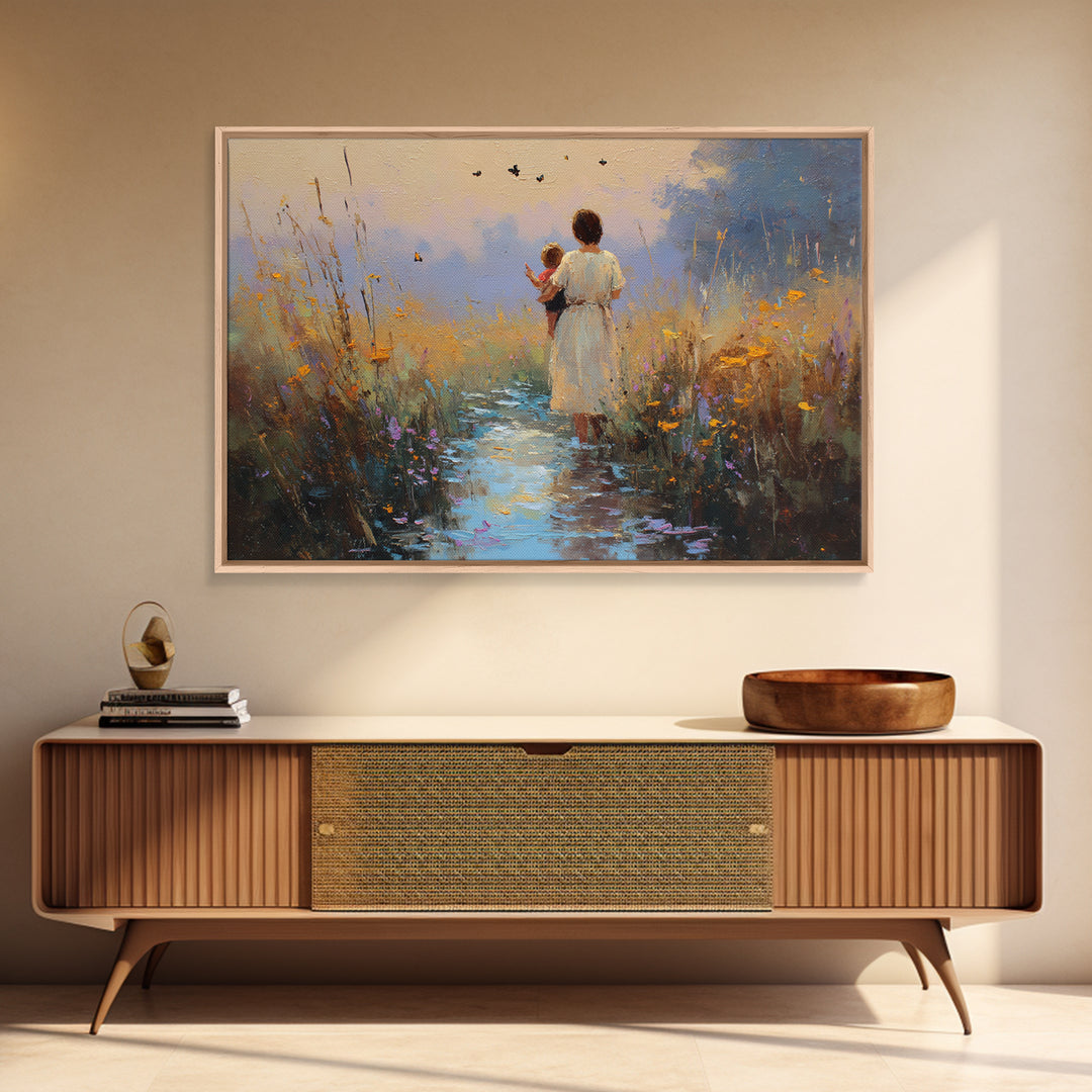 Mother And Child On Twilight Marsh Path Framed Canvas Print, Sunset Landscape Wall Art, Nursery Decor, Mothers Day Gift, Home Decor
