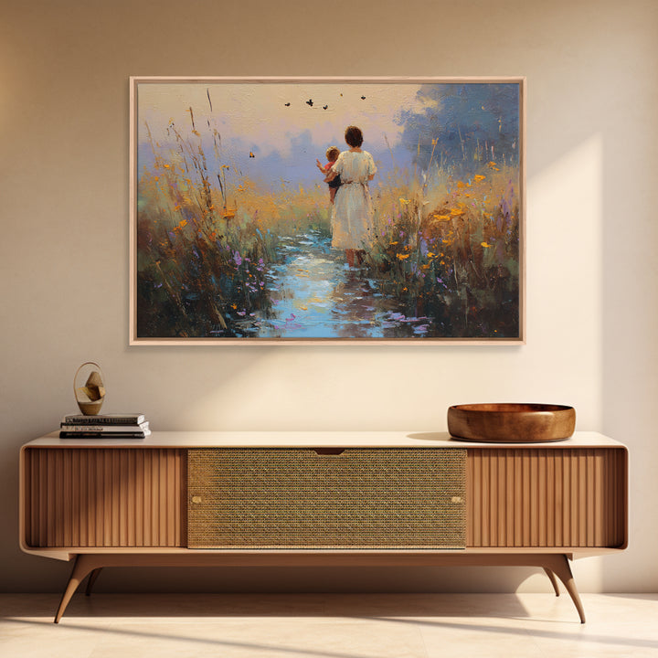 Mother And Child On Twilight Marsh Path Framed Canvas Print, Sunset Landscape Wall Art, Nursery Decor, Mothers Day Gift, Home Decor