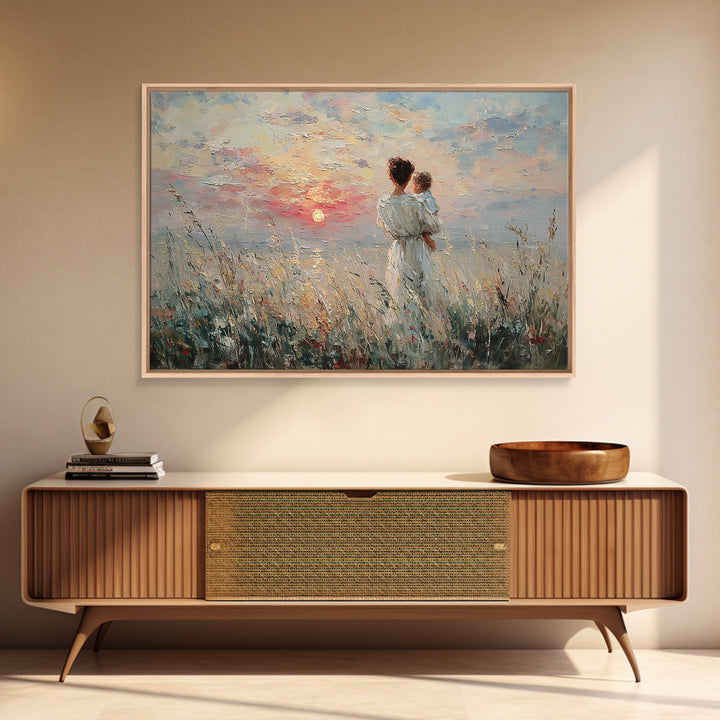 Mother And Baby Watching Ocean Sunset Canvas Print, Coastal Wall Art, Seascape Painting, Nursery Decor, Gift For Her, Bedroom Decor