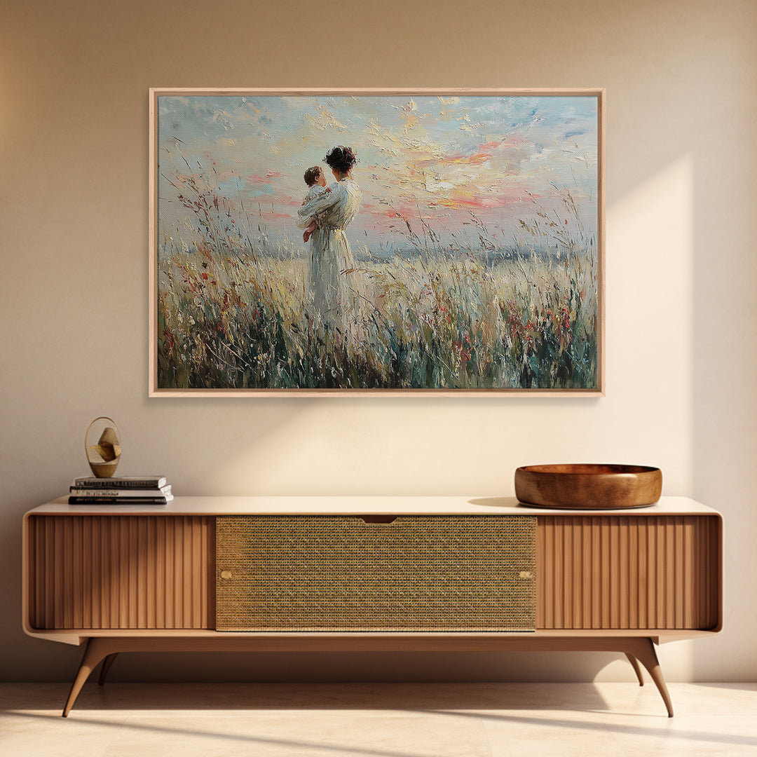 Mother Holding Baby In Wild Grass Framed Canvas Print, Coastal Wall Art, Impressionist Nursery Decor, Gift For Her, Home Decor