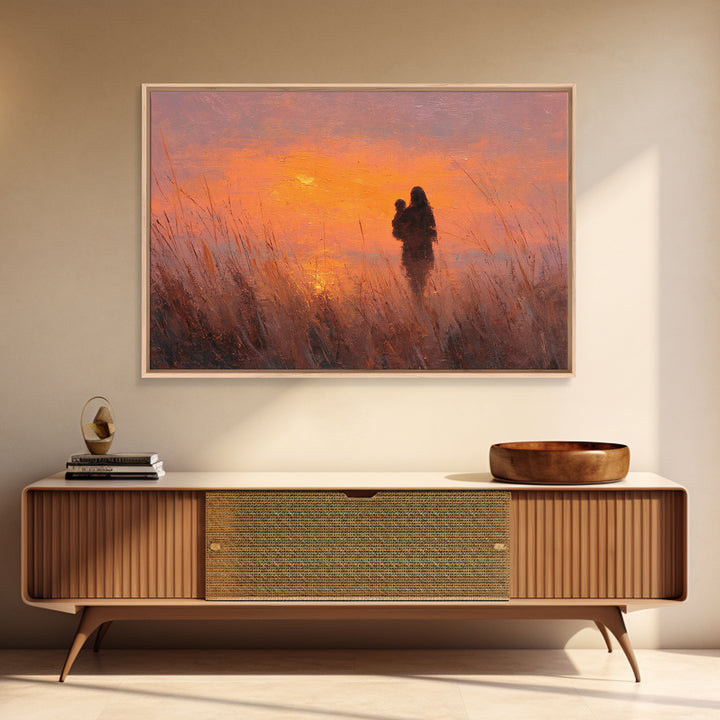 Mother And Baby Silhouette At Orange Sunset Wall Art, Warm Landscape Painting, Mothers Day Gift, Bedroom Decor, Boho Wall Decor