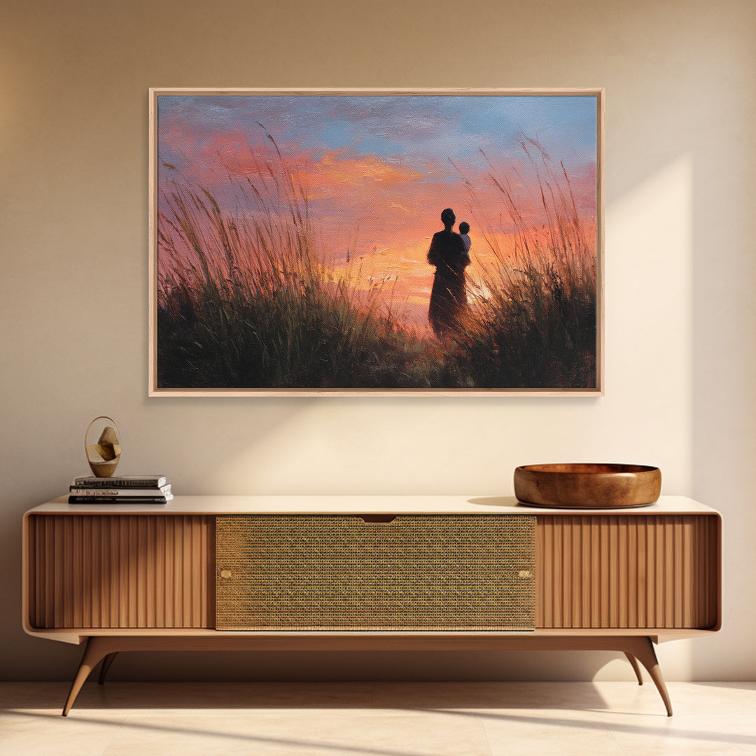 Mother And Baby Sunset Silhouette Framed Canvas Print, Moody Landscape Wall Art, Above Bed Decor, Gift For Her, Living Room Art