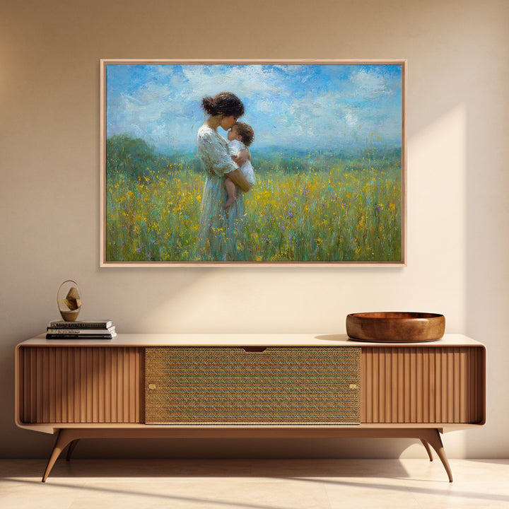 Tender Mother And Baby In Blue Meadow Wall Art, Impressionist Oil Painting, Nursery Decor, Mothers Day Gift, Fine Art Print
