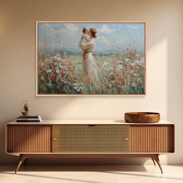 Mother Lifting Baby Among Summer Wildflowers Canvas Print, Floral Wall Art, Nursery Decor, Mothers Day Gift, Home Decor Art Print