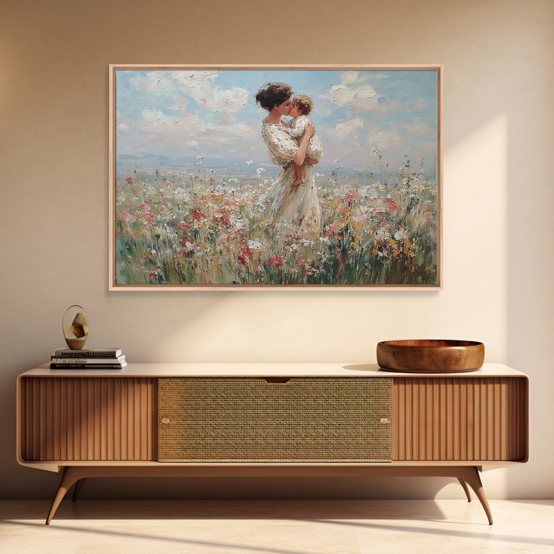 Mother Holding Toddler In Pastel Wildflower Field Framed Canvas Print, Floral Wall Art, Nursery Decor, Mothers Day Gift, Gift For Her