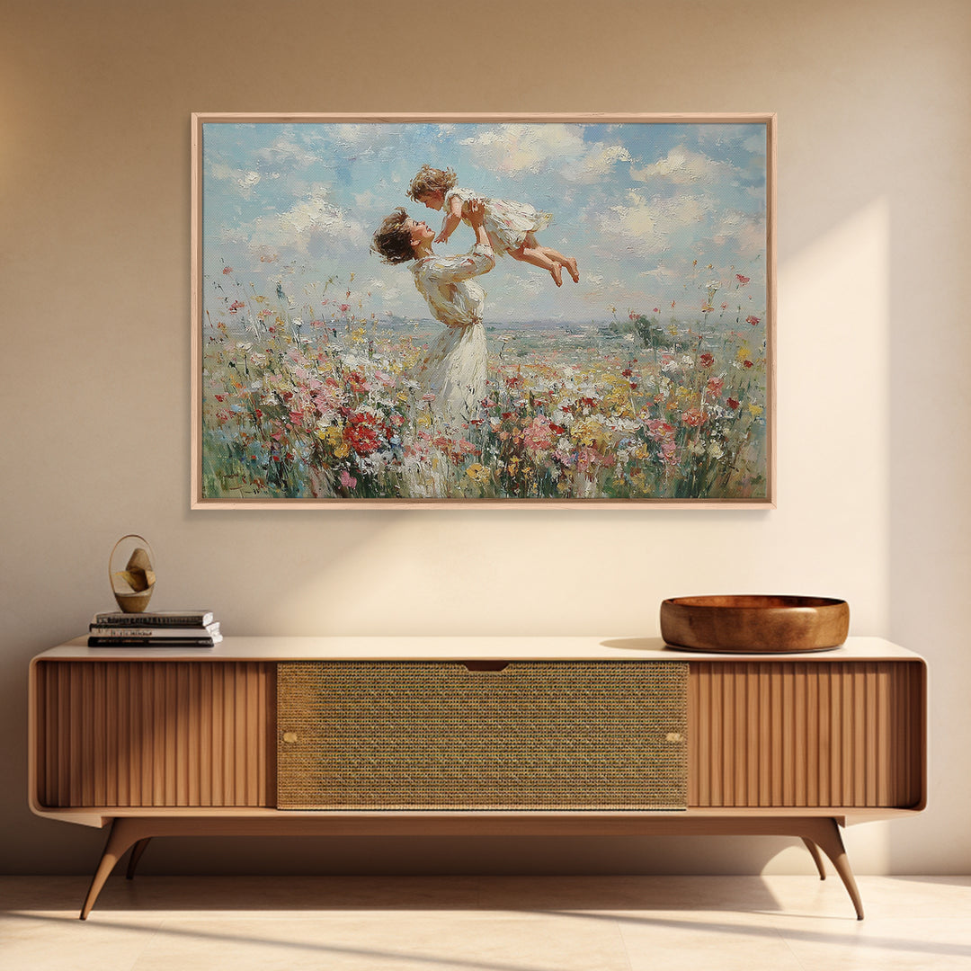 Mother Holding Child Over Blooming Meadow Wall Art, Impressionist Floral Landscape Canvas Print, Nursery Decor, Gift For Mom