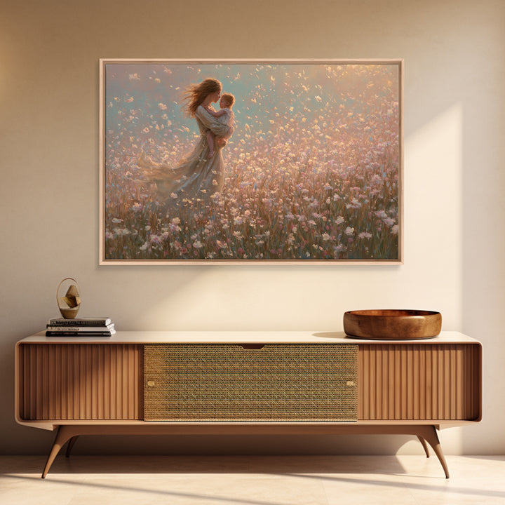 Mother Holding Baby In Pink Wildflower Field Wall Art, Romantic Impressionist Canvas Print, Nursery Decor, Gift For Mom, Feminine Art