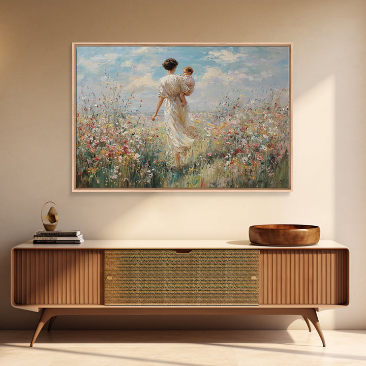Mother Walking With Baby Through Wildflower Meadow Framed Canvas Print, Impressionist Landscape Wall Art, Nursery Decor, Gift For Mom