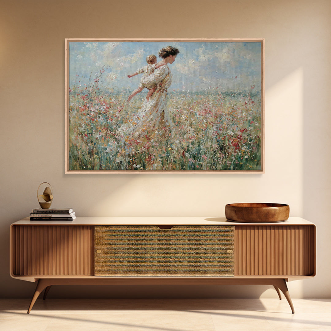 Mother Carrying Child Across Breezy Wildflower Field Wall Art, Impressionist Floral Landscape Canvas Print, Gift For Mom