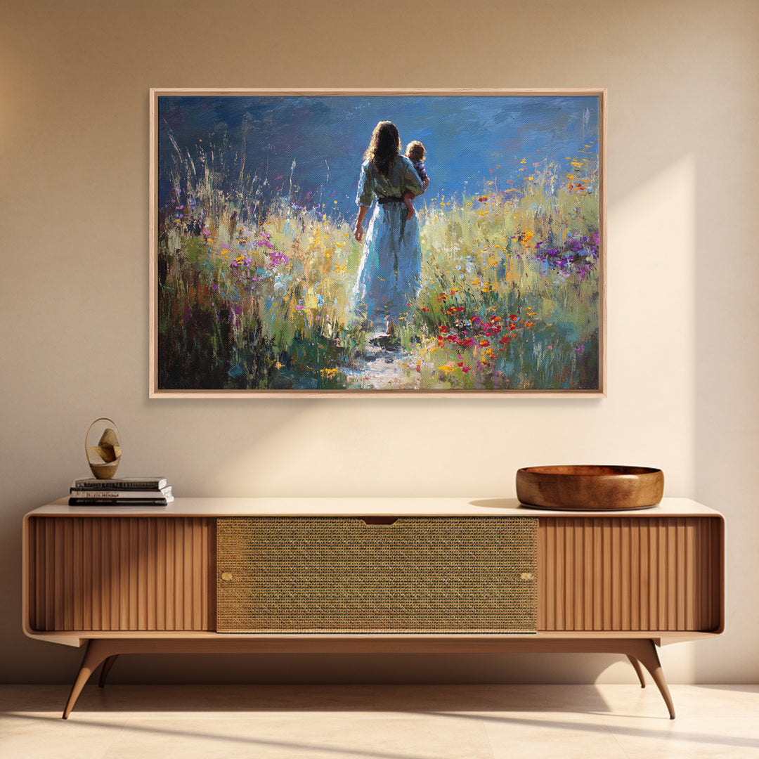 Mother And Child On Wildflower Path Wall Art, Impressionist Oil Painting Print, Feminine Nursery Decor, Gift For Mom, Living Room Decor