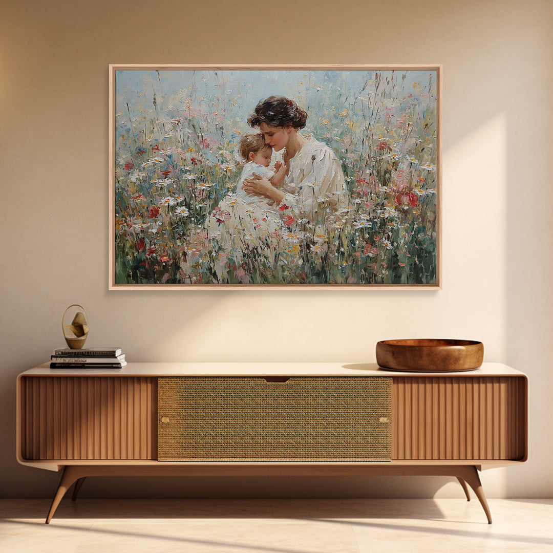 Seated Mother Cuddling Baby In Flower Field Wall Art, Impressionist Oil Painting Print, Feminine Nursery Decor, Gift For Mom