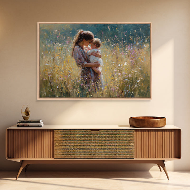 Sunlit Mother Holding Baby In Golden Meadow Framed Canvas Print, Impressionist Floral Painting, Nursery Wall Art, Gift For Her