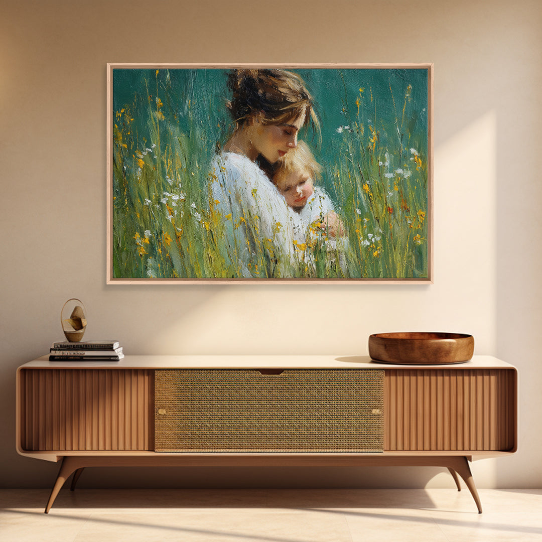 Tender Mother And Child Portrait In Green Meadow Wall Art, Impressionist Oil Painting, Feminine Nursery Decor, Gift For Mom
