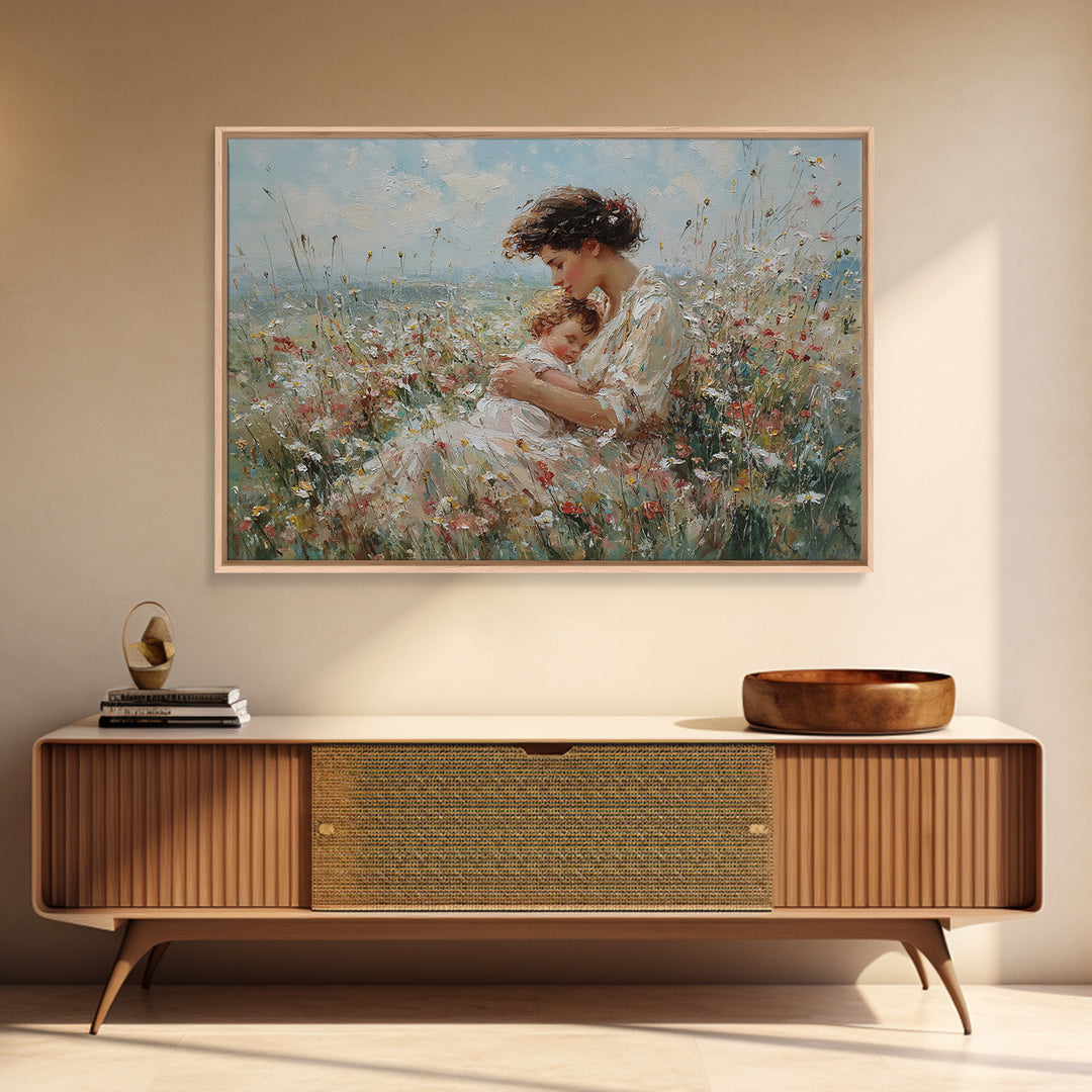 Mother Cradling Sleeping Child In Wildflowers Wall Art, Impressionist Floral Oil Painting, Nursery Decor, Gift For Her, Bedroom Decor