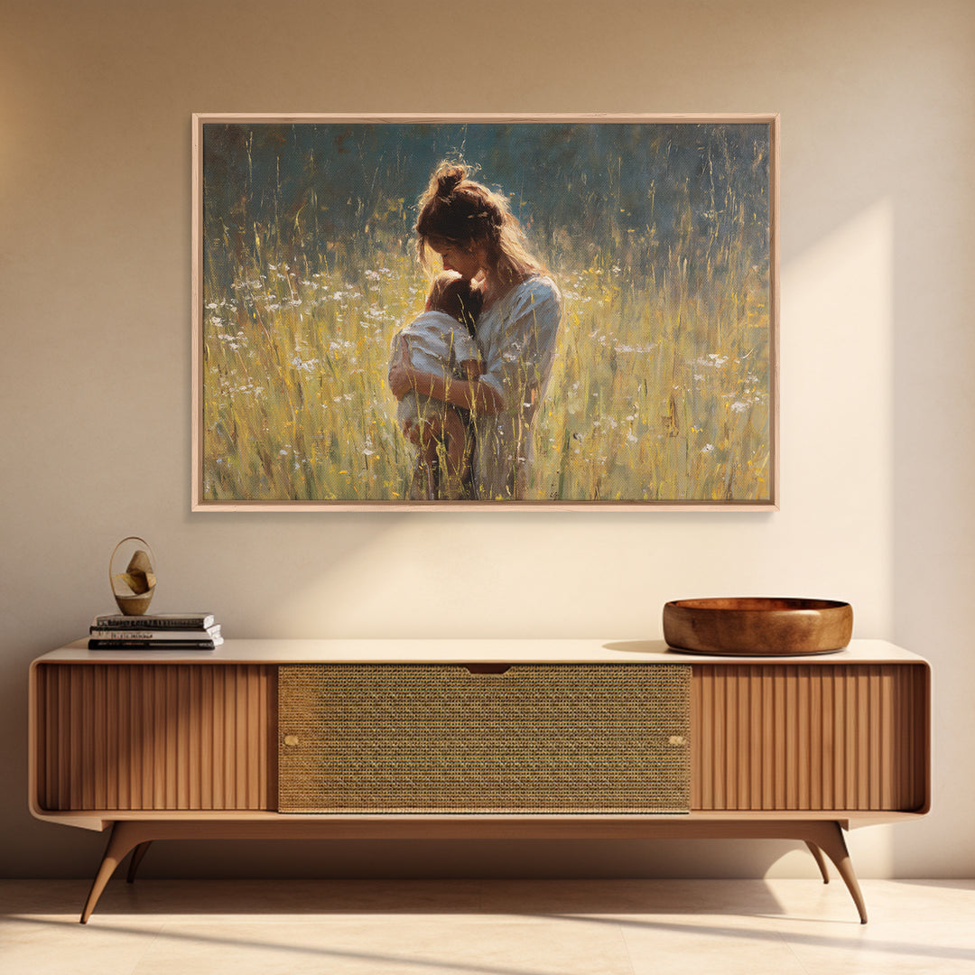 Backlit Mother Nursing Baby In Golden Grass Wall Art, Moody Impressionist Oil Painting Print, Feminine Bedroom Decor, Gift For Mom