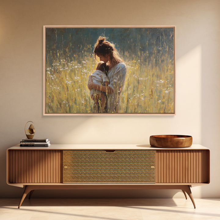 Backlit Mother Nursing Baby In Golden Grass Wall Art, Moody Impressionist Oil Painting Print, Feminine Bedroom Decor, Gift For Mom