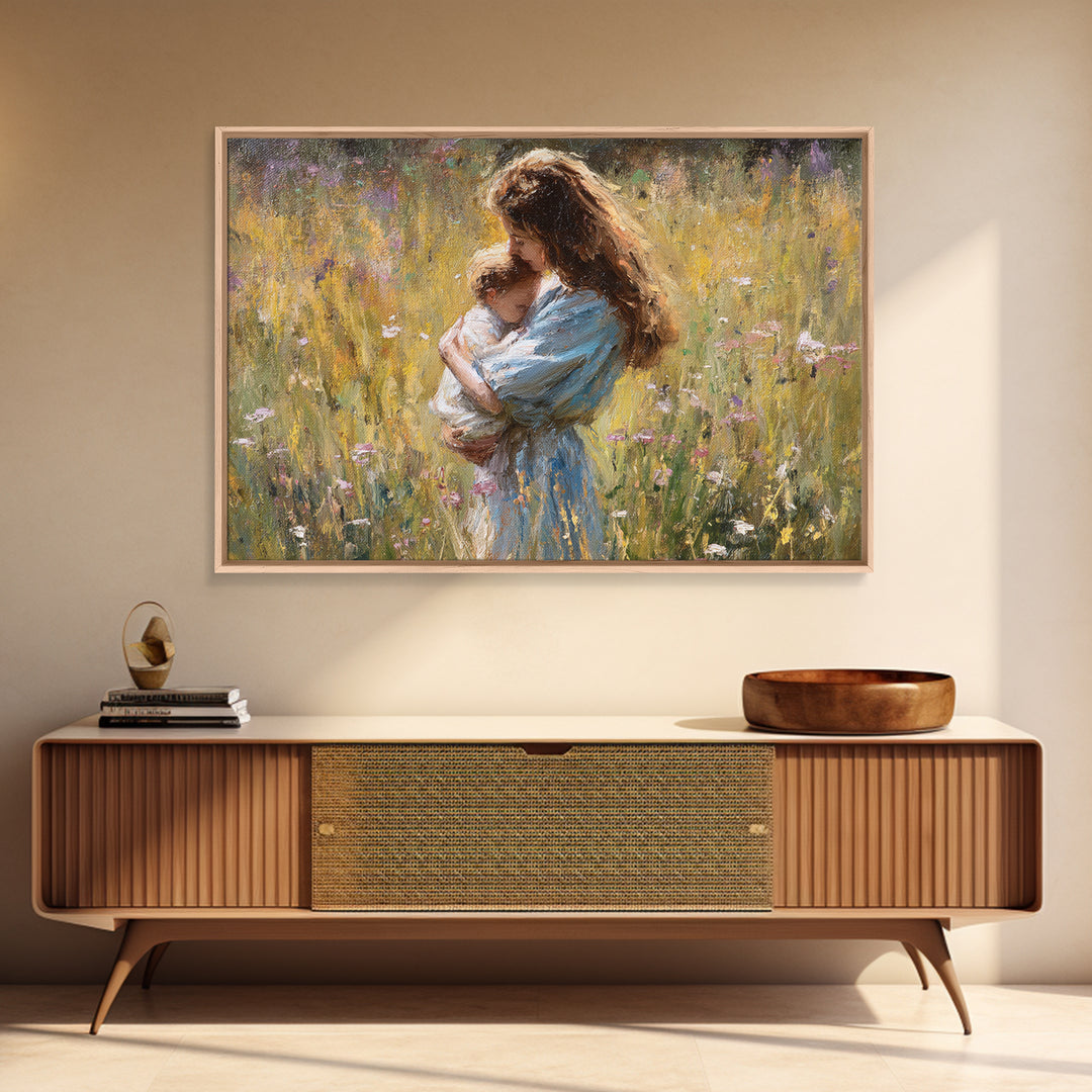 Long Haired Mother Cradling Baby In Wildflower Field Canvas Print, Impressionist Oil Painting, Feminine Wall Decor, Gift For Her