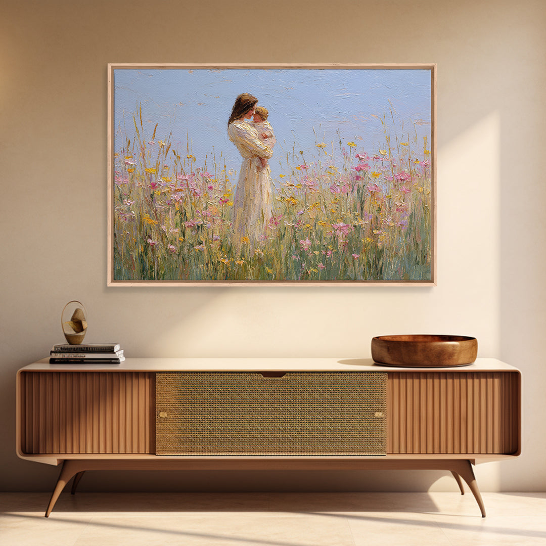 Mother Holding Baby By Wildflowers Framed Canvas Print, Soft Impressionist Painting, Nursery Wall Art, Floral Home Decor