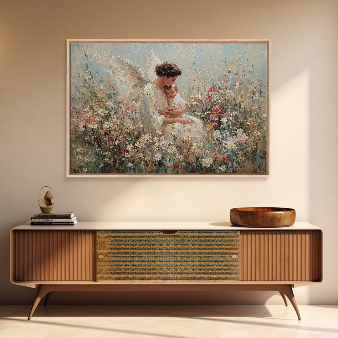 Guardian Angel Holding Baby Framed Canvas Print, Floral Meadow Wall Art, Christian Nursery Decor, Baptism Gift For Mom, Newborn Gift