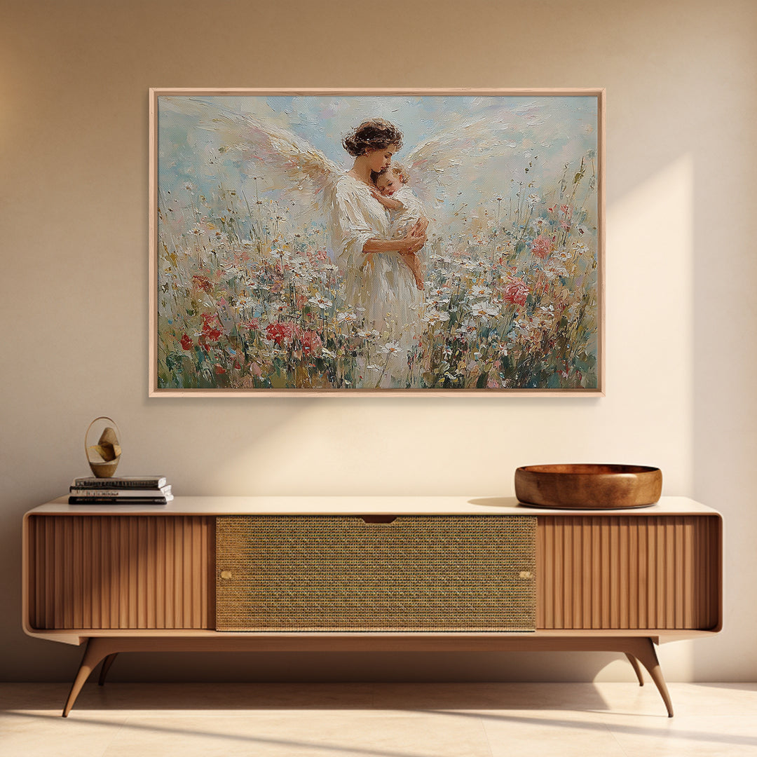Angel Mother And Baby Wildflower Canvas Print, Christian Wall Art, Floral Nursery Decor, Baptism Gift, Peaceful Home Decor