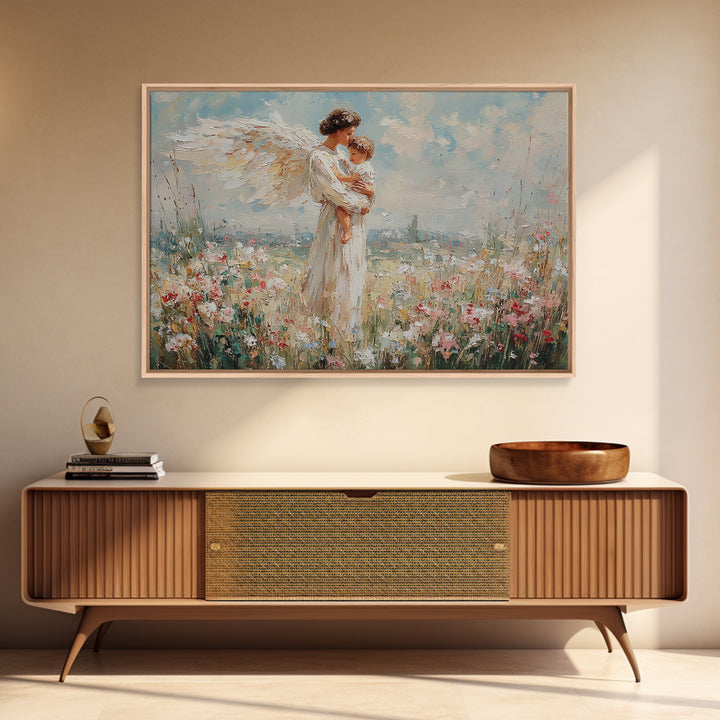 Angel And Child Floral Meadow Framed Canvas Print, Christian Wall Art, Guardian Angel Nursery Decor, Baptism Gift For Mom