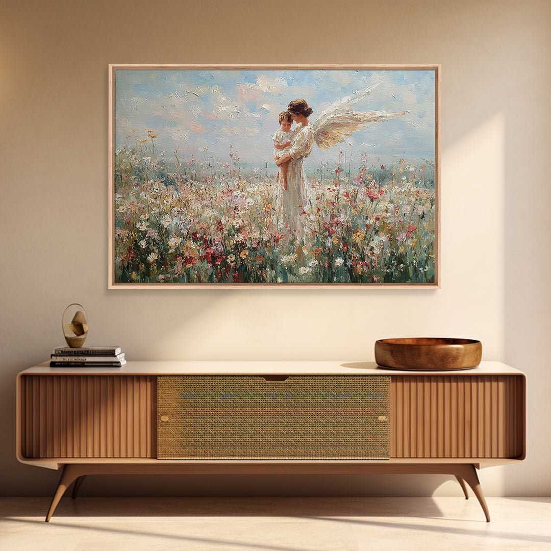 Guardian Angel And Baby Wildflower Wall Art, Christian Canvas Print, Floral Nursery Decor, Baptism Gift, Baby Shower Gift
