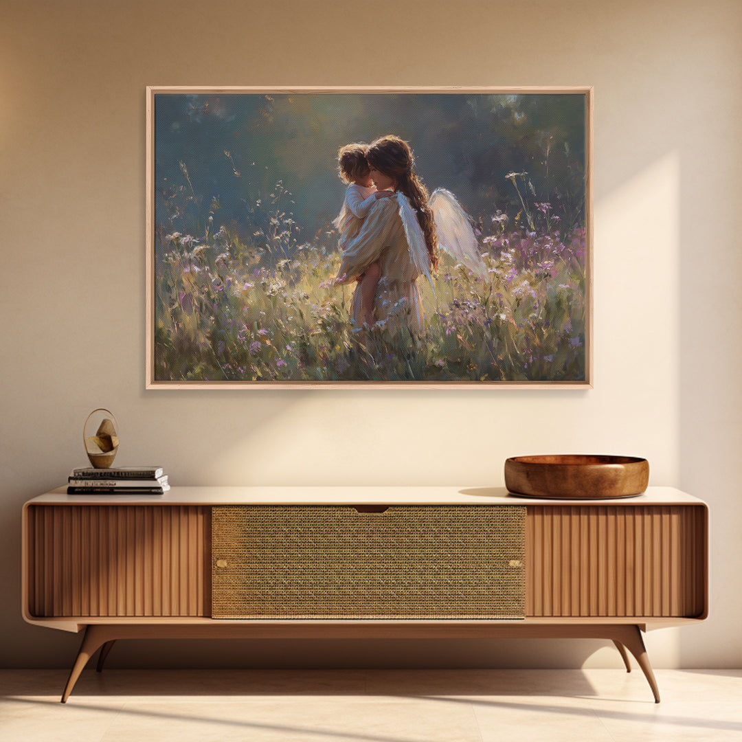 Backlit Angel Mother And Child Wall Art, Moody Wildflower Canvas Print, Christian Nursery Decor, Guardian Angel Gift For Mom