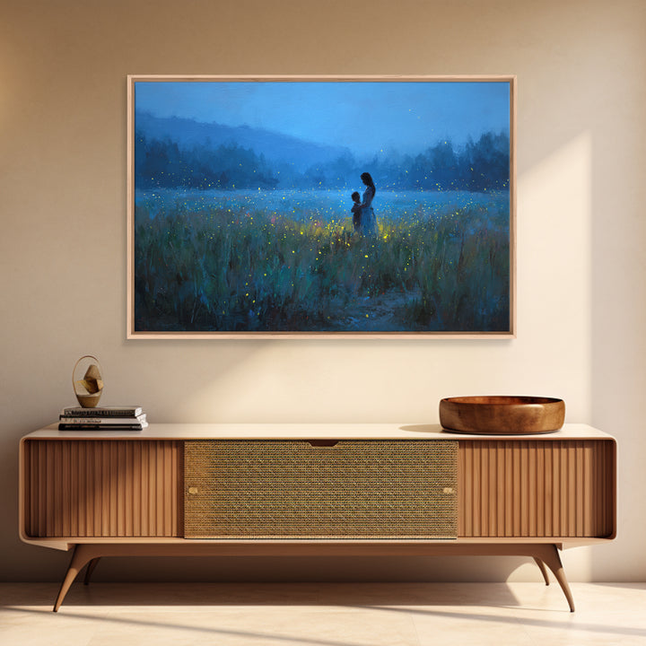 Blue Twilight Mother And Child Firefly Meadow Wall Art, Moody Landscape Canvas Print, Nursery Decor, Gift For Mom, Bedroom Wall Decor