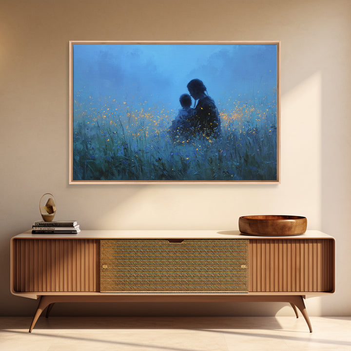 Mother And Baby In Blue Firefly Meadow Wall Art, Moody Nursery Canvas Print, Peaceful Bedroom Decor, Gift For Mom, Newborn Gift