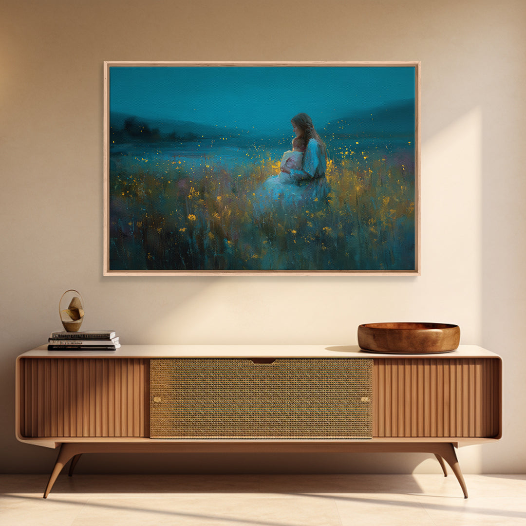 Twilight Mother And Baby In Firefly Meadow Wall Art, Floral Nursery Decor, Motherhood Gift, Living Room Art, Fine Art Print