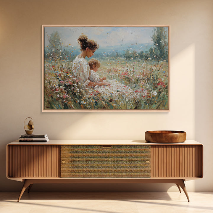 Seated Mother And Child In Sunlit Meadow Wall Art, Impressionist Floral Canvas, Nursery Decor, Housewarming Gift, Living Room Decor