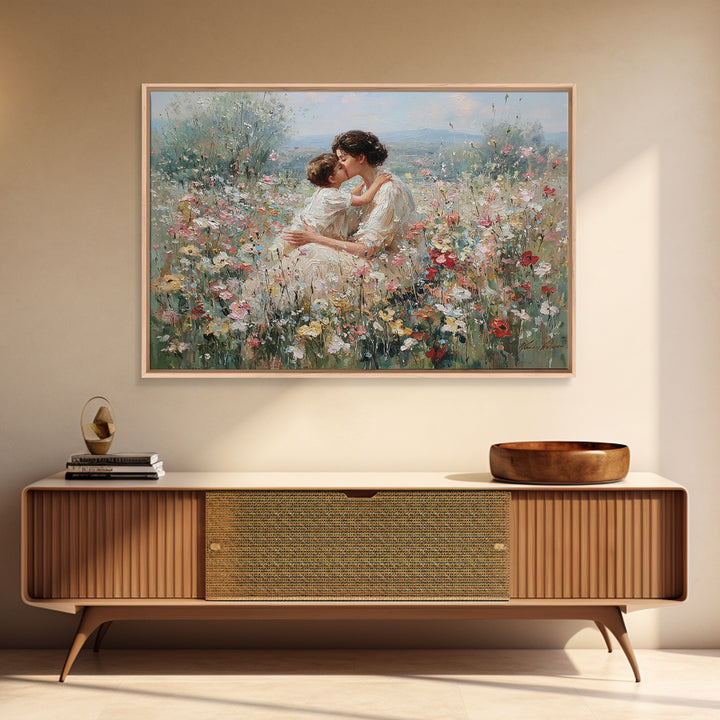 Mother Kissing Child In Romantic Wildflower Field Framed Canvas Print, Floral Wall Art, Feminine Decor, Gift For Her, Nursery Wall Art