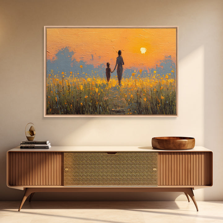 Sunset Silhouette Mother And Child In Yellow Field Wall Art, Warm Landscape Print, Nursery Decor, Above Bed Art, Gift For Her