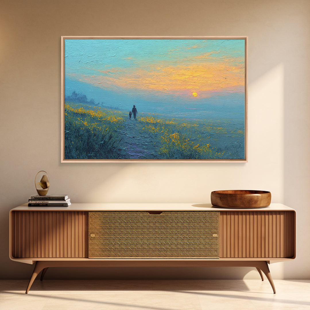 Parent And Child Sunset Path Canvas Print, Blue Yellow Wildflower Meadow Landscape, Calming Wall Art, Gift For Mom, Living Room Decor