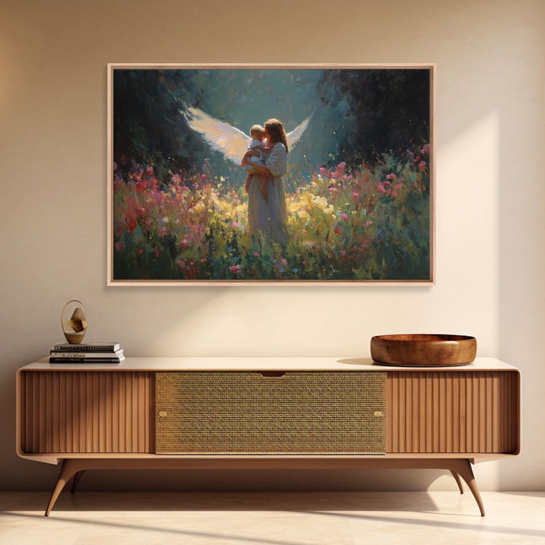Glowing Guardian Angel And Child Wall Art, Dark Floral Meadow Painting, Christian Nursery Decor, Spiritual Gift For Mom, Home Decor