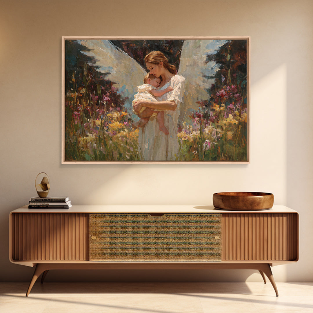 Angel Mother Cradling Baby In Garden Canvas Print, Soft White Wings Floral Painting, Christian Nursery Wall Art, Gift For Mom