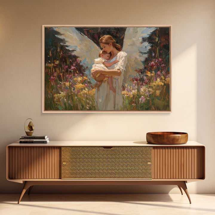 Angel Mother Cradling Baby In Garden Canvas Print, Soft White Wings Floral Painting, Christian Nursery Wall Art, Gift For Mom