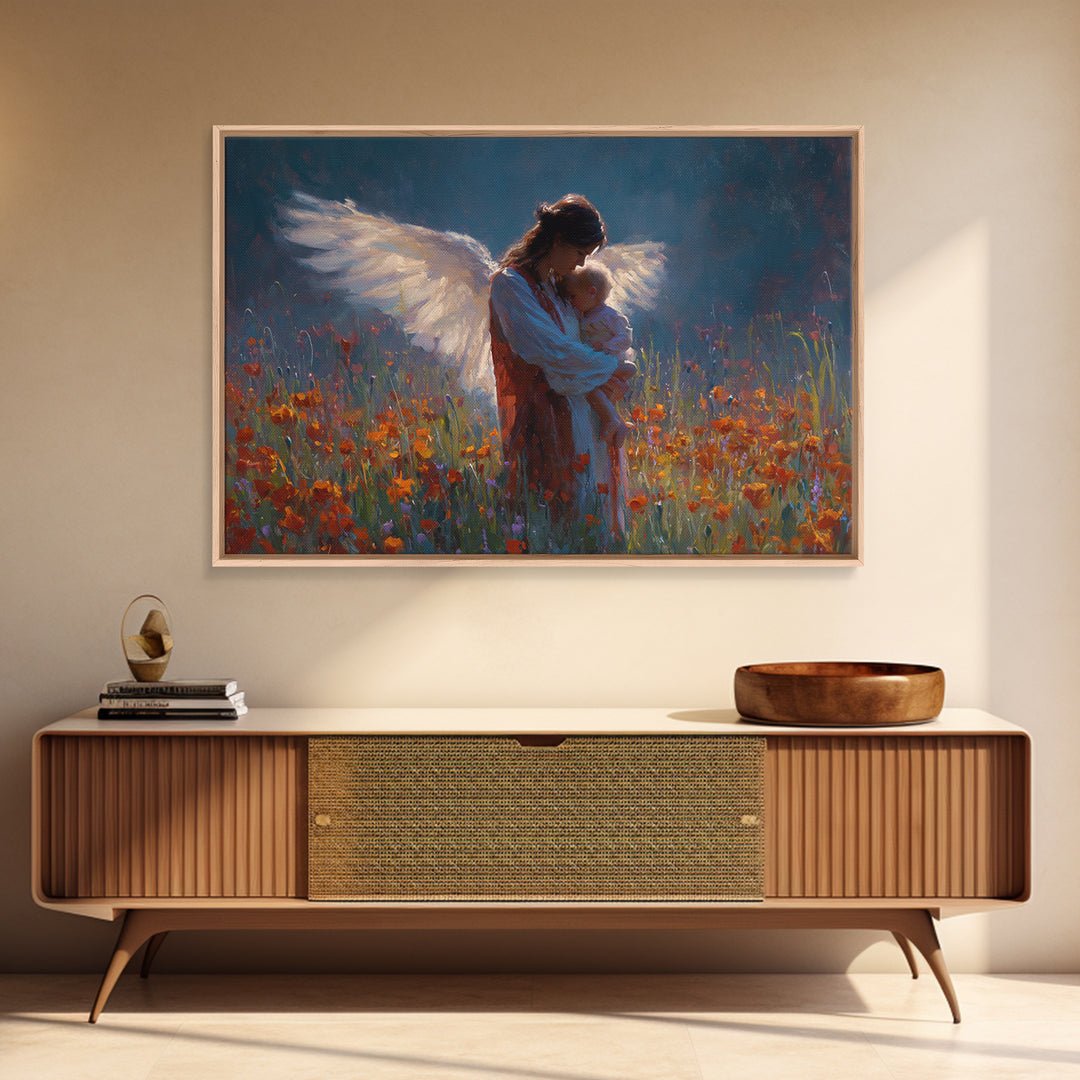 Angel Mother Holding Baby In Poppy Meadow Wall Art, Dark Blue Floral Painting, Christian Nursery Decor, Spiritual Gift For Mom