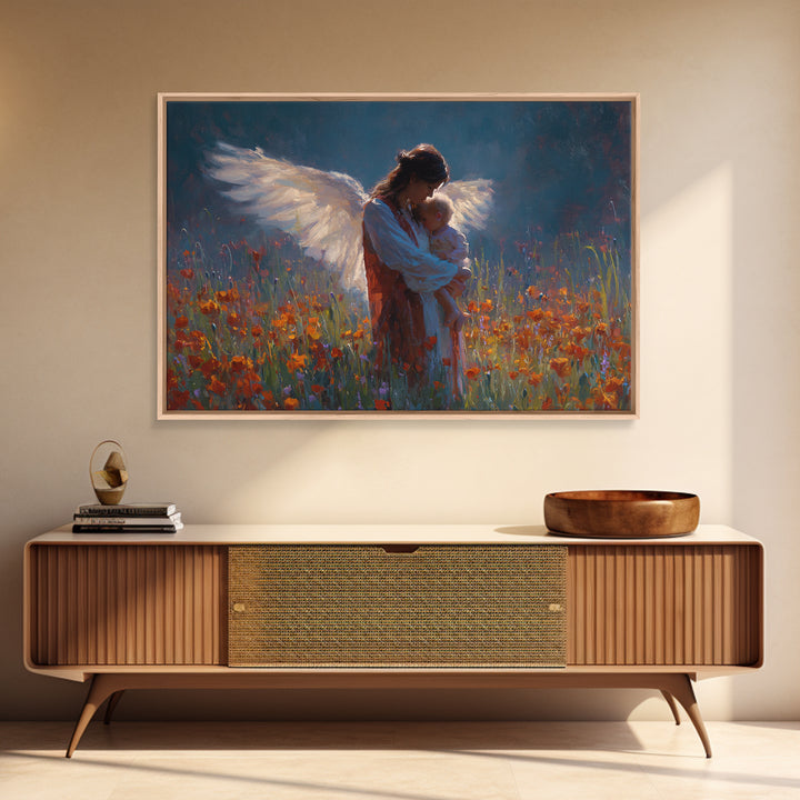 Angel Mother Holding Baby In Poppy Meadow Wall Art, Dark Blue Floral Painting, Christian Nursery Decor, Spiritual Gift For Mom