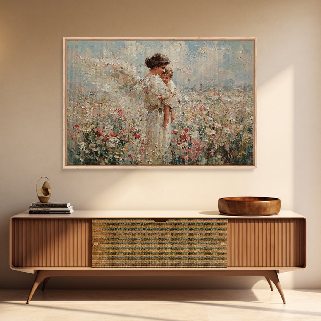 Guardian Angel Mother And Child In Wildflower Meadow Wall Art, Impressionist Oil Painting, Nursery Decor, Gift For Mom, Baby Shower Gift