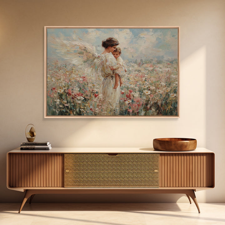 Guardian Angel Mother And Child In Wildflower Meadow Wall Art, Impressionist Oil Painting, Nursery Decor, Gift For Mom, Baby Shower Gift