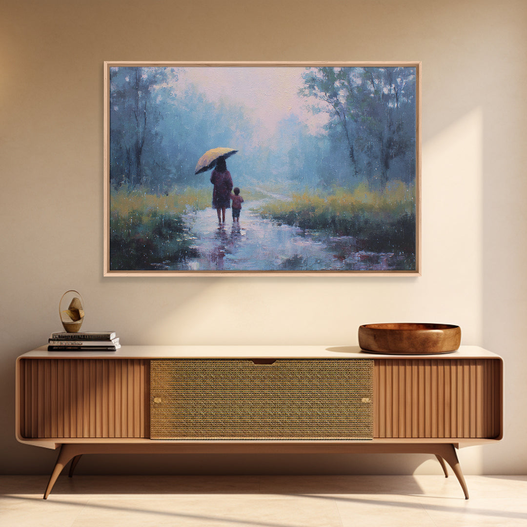 Mother And Child Walking In Rainy Blue Forest Wall Art, Impressionist Landscape Painting, Calming Bedroom Decor, Gift For Her