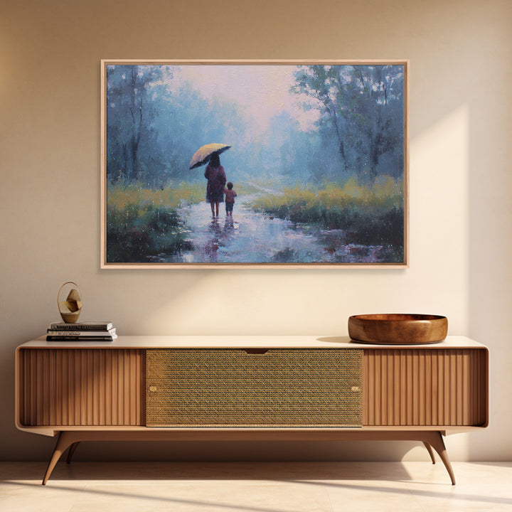 Mother And Child Walking In Rainy Blue Forest Wall Art, Impressionist Landscape Painting, Calming Bedroom Decor, Gift For Her