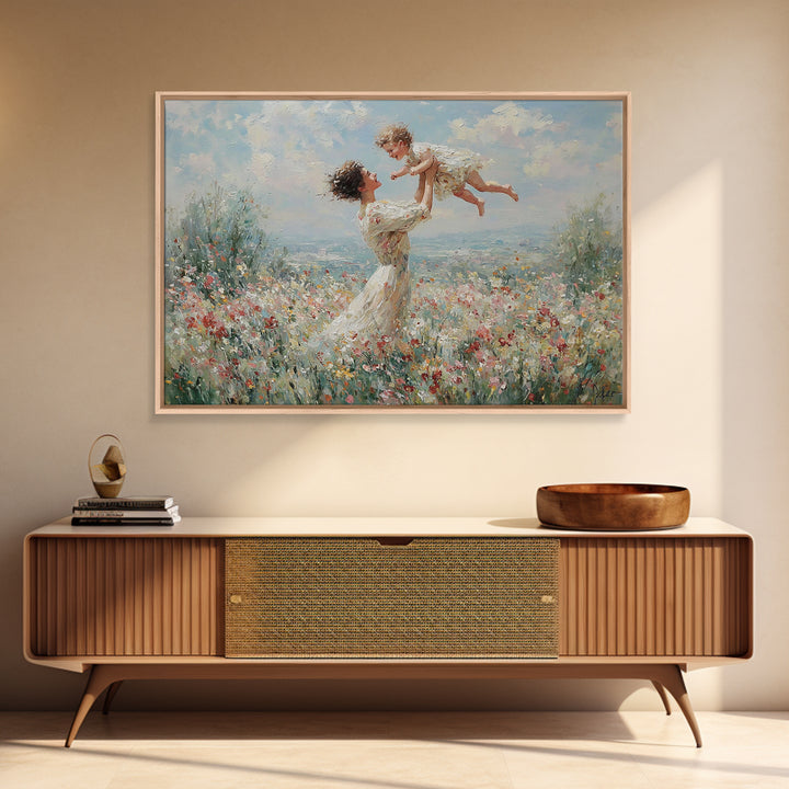 Mother Lifting Baby In Soft Floral Meadow Wall Art, Impressionist Oil Painting, Feminine Nursery Decor, Baby Shower Gift