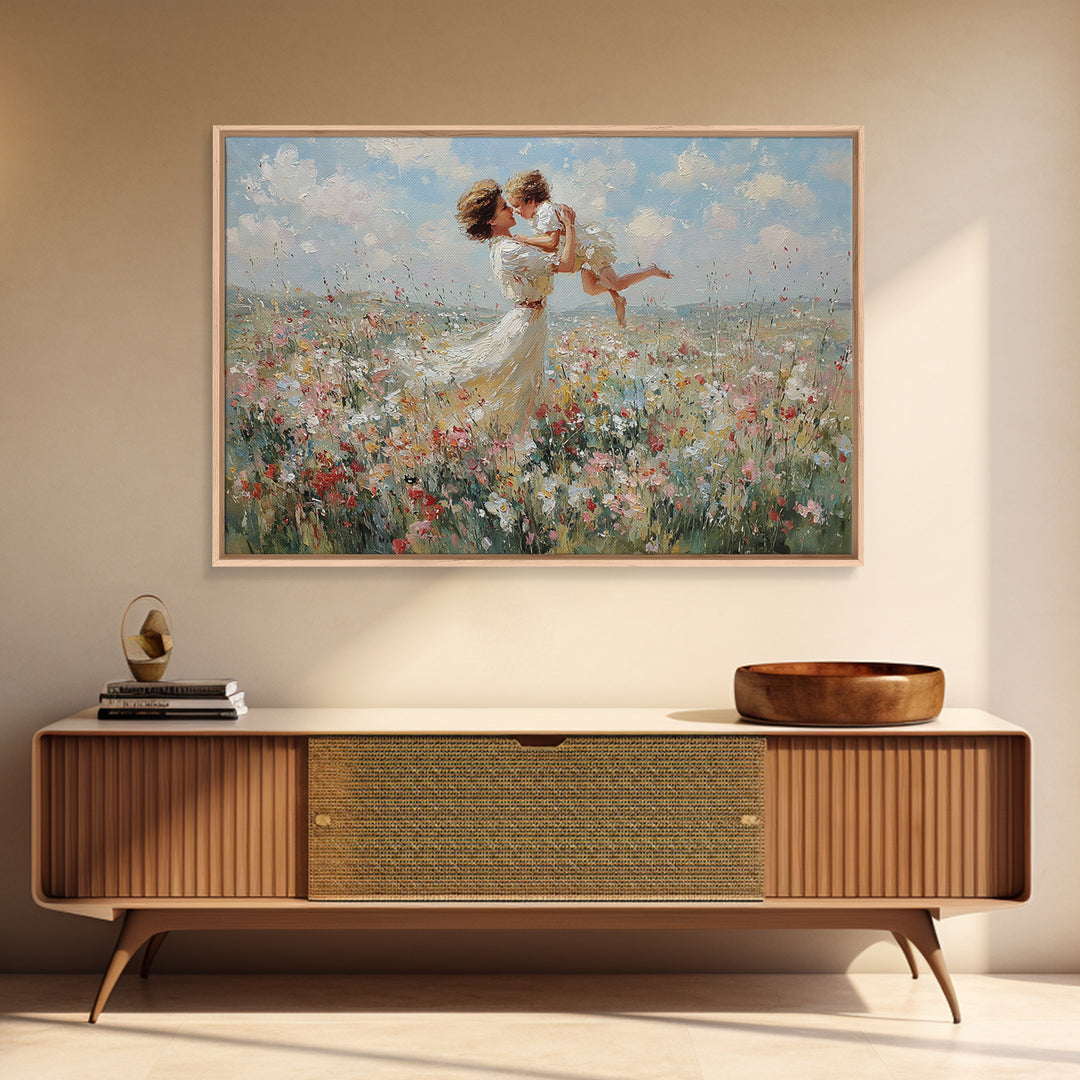 Mother Holding Baby In Breezy White Dress Wall Art, Soft Wildflower Meadow Oil Painting, Feminine Nursery Decor, Gift For Mom