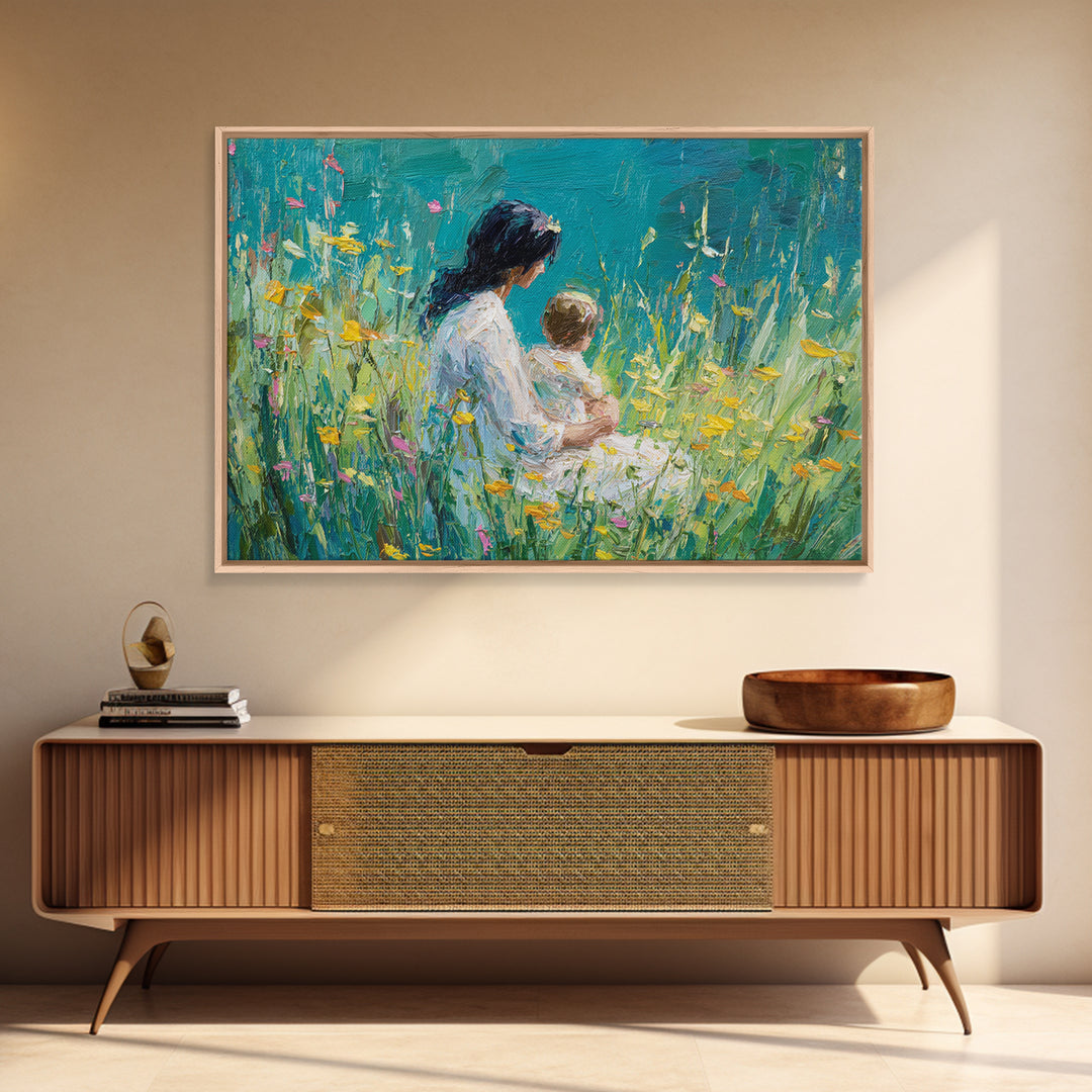 Mother Holding Baby In Teal Wildflower Garden Canvas Print, Impressionist Floral Wall Decor, Nursery Art, Living Room Art, Gift For Mom