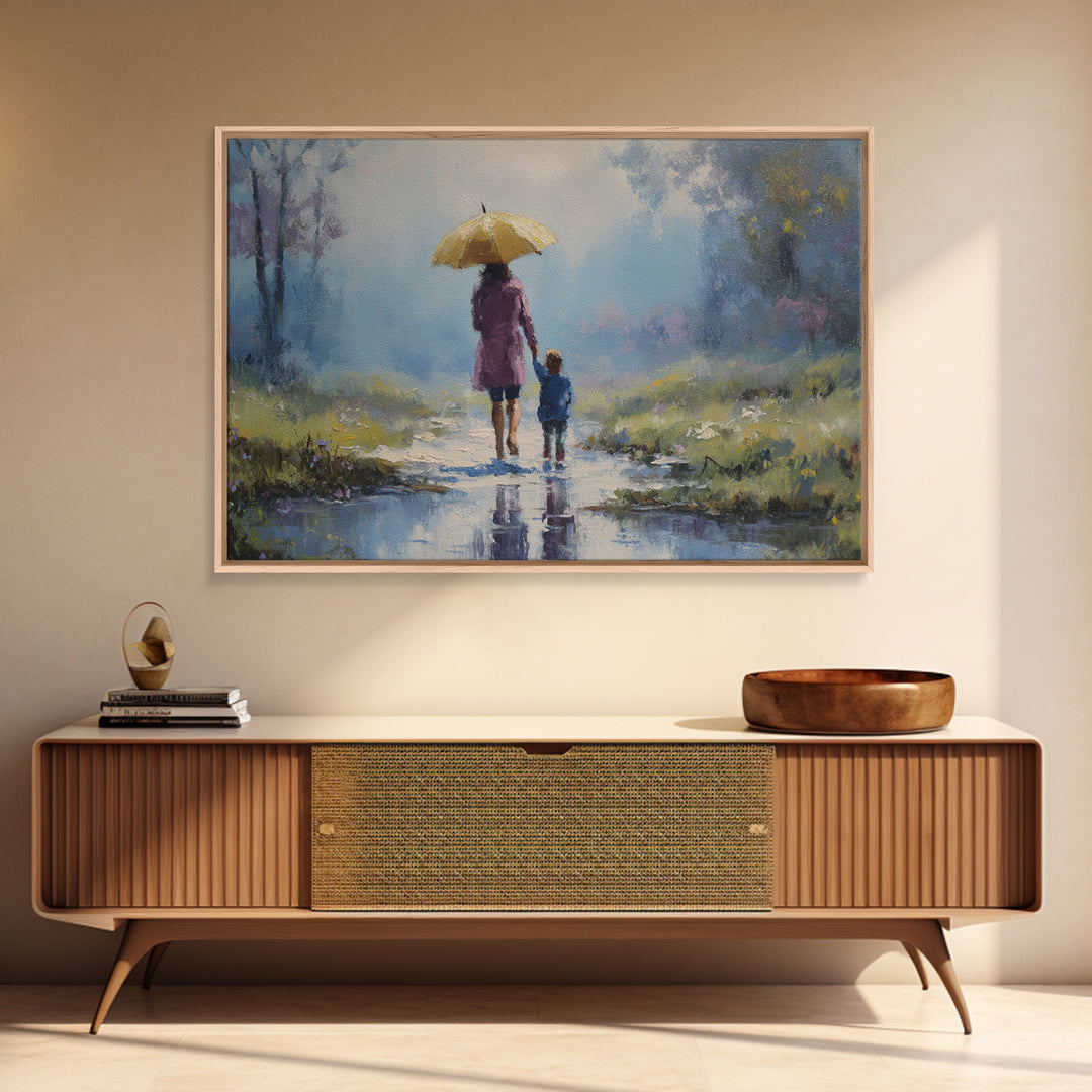 Mother And Child With Yellow Umbrella Rainy Path Canvas Print, Impressionist Landscape Art, Cozy Nursery And Bedroom Decor